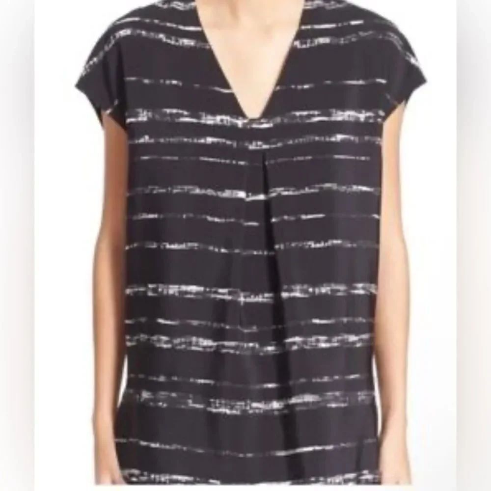 Vince Top Women's XS Black Shadow Strip Silk Sleeveless Boxy Popover Blouse